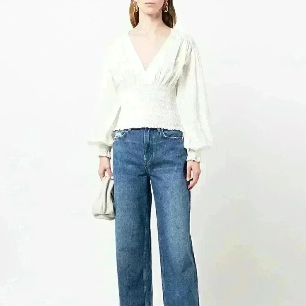Frame Women's Off-White Smocked V Neck Blouse Top Shirt